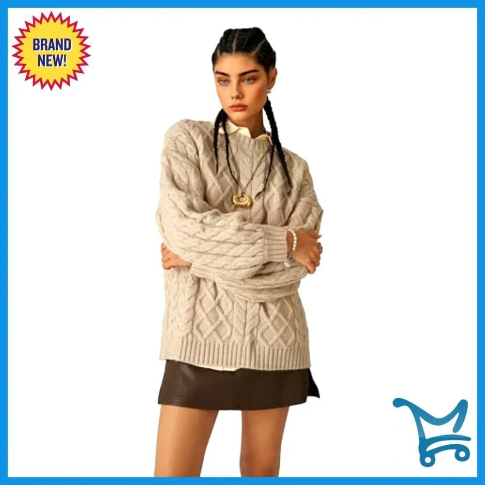 Oversized Cable Knit Chunky Sweater Lantern Sleeve Pullover Loose Fit
